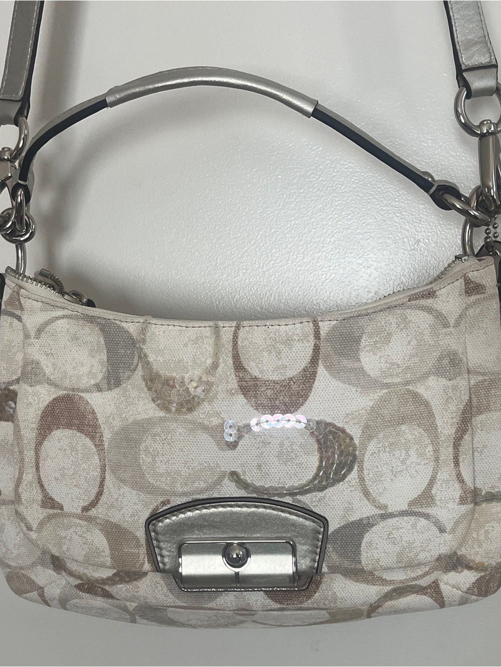 Coach Neutral Signature Small Shoulder Bag with Silver Trim